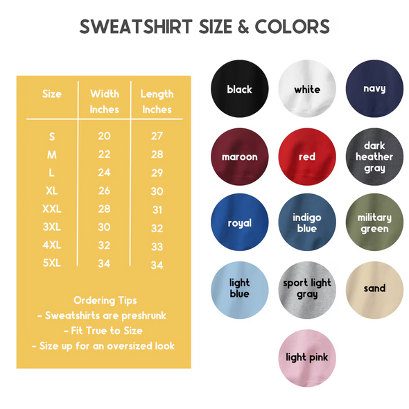 a chart of different colors of sweatshirt size and colors
