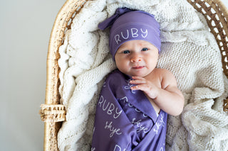 Personalized Baby Swaddle and Hat Set - Dolly Purple