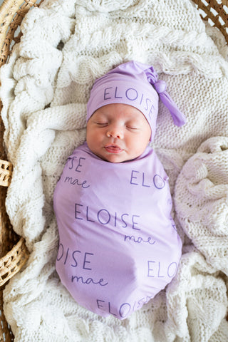 Personalized Baby Swaddle and Hat Set - Belle Purple