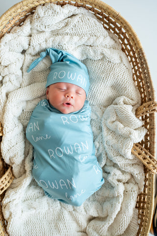 Personalized Baby Swaddle and Hat Set - Sea
