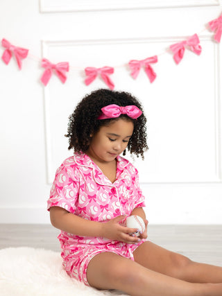 Girls Baseball Bow Print Pajama Set Short Sleeve Pink