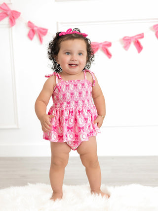 Baby Girl Pink Baseball Bow Print Romper Summer Outfit
