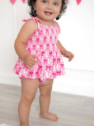 Baby Girl Pink Baseball Bow Print Romper Summer Outfit