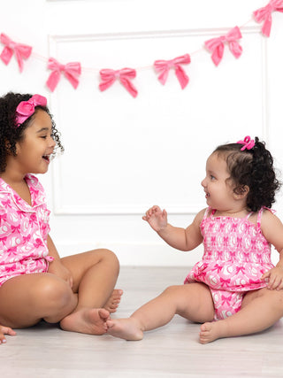 Baby Girl Pink Baseball Bow Print Romper Summer Outfit