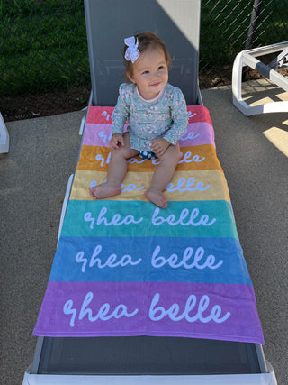 Personalized Rainbow Beach Towel - Custom Name Vacation Gift Groovy Retro Style