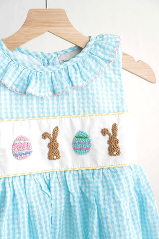 French Knot Blue Easter Bunny Girl Gingham Seersucker Dress