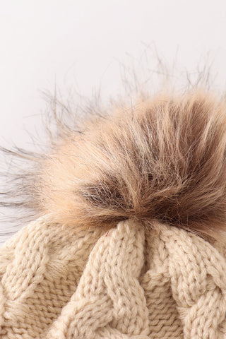 Beige pompom  cable beanie hat