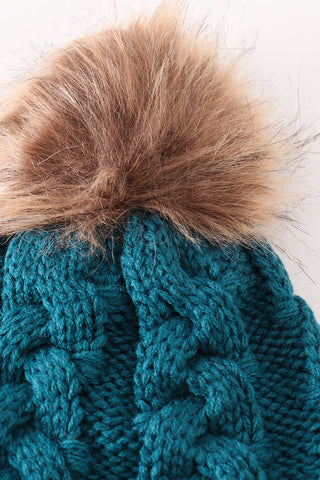 Teal pompom cable beanie hat