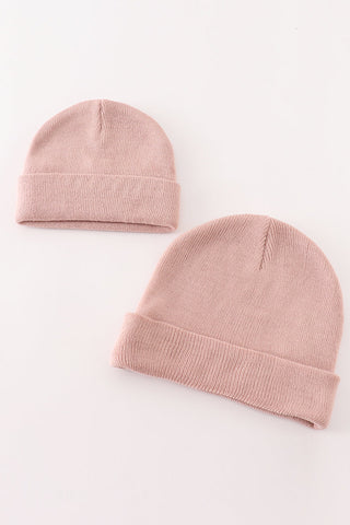 Pink ribbed basic knit beanie hat