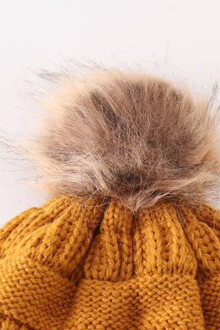 Mustard pompom cable beanie hat