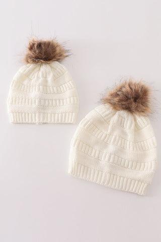 Ivory pompom cable beanie hat
