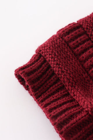 Burgundy pompom cable beanie hat
