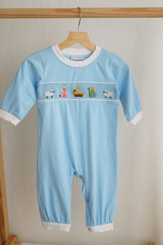 Blue nativity hand smocked romper