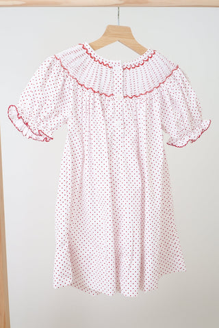 Pink christmas bishop hand smocked dot dress