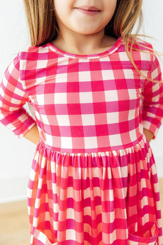 Hot Pink Gingham 3/4 Sleeve Pocket Twirl Dress