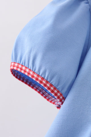 Blue pencil apple applique dress