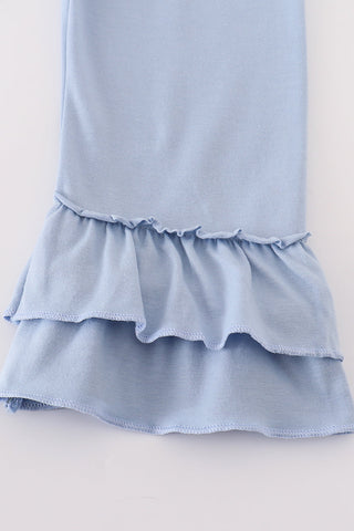 Blue woven check pumpkin embroidery girl set