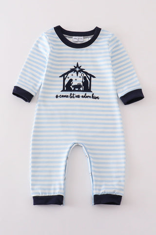 Navy plaid nativity embroidery boy romper