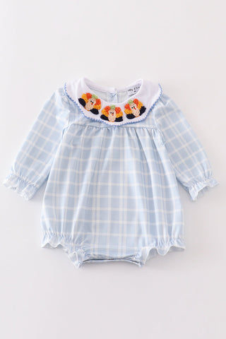 Teal thanksgiving turkey french knot plaid girl bubble