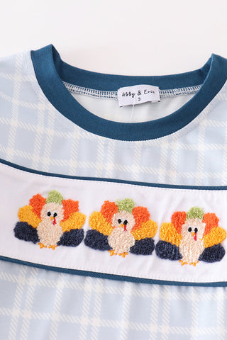 Teal thanksgiving turkey french knot plaid boy set
