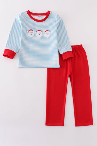 Blue stripe santa claus embroide boy set