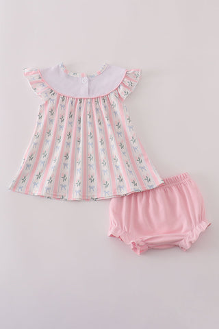 Pink Bow Embroidered Bow Bloomer Set