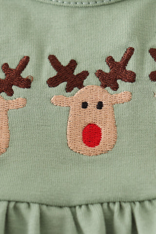 Green christmas reindeer embroidery girl bloomers set