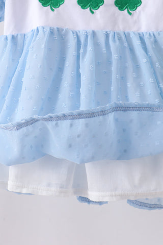 Blue clover embroidery swiss dot shorts set