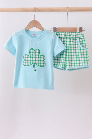 Blue clover applique shorts set