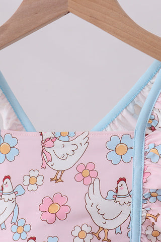 Pink chicken floral 2pcs ruffle swimsuit