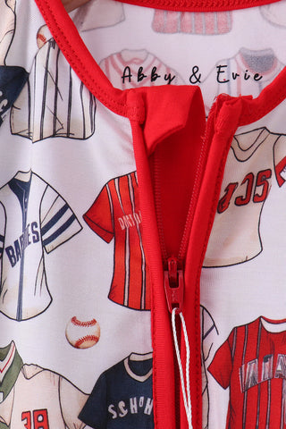 Red baseball bamboo romper