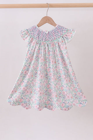Green Floral Smocked Dress