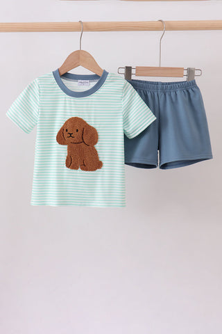 Green Stripe Puppy French Knot Shorts Set