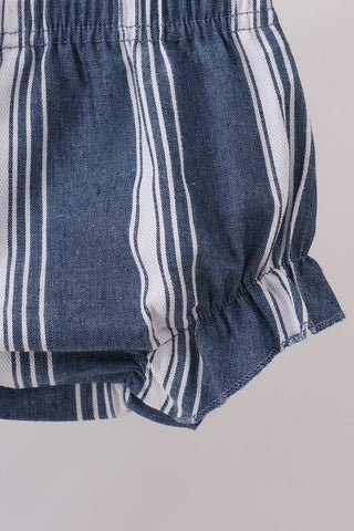 Navy stripe linen ruffle bloomers set