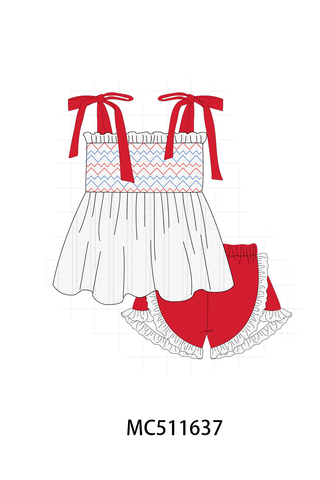 White smocked jacquard ruffle shorts set