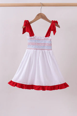 White smocked jacquard ruffle dress