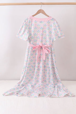 Pink hydrangea bow print tiered dress