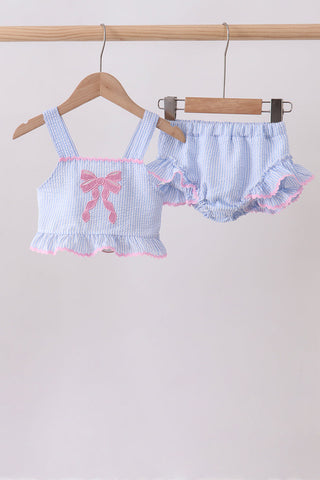 Blue bow embroidery seersucker ruffle 2pc swimsuit