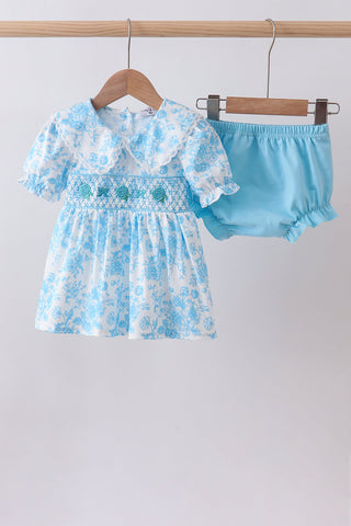 Blue rose smocked bloomer set