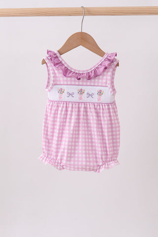 Pink floral bow smocked ruffle bubble