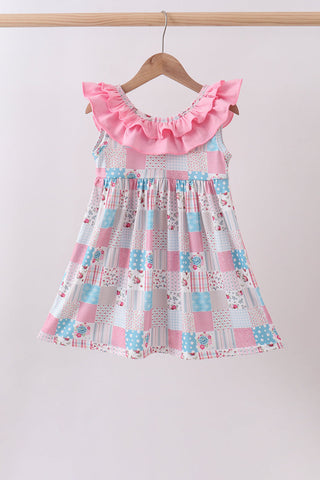 Pink patchwork floral ruffle dress