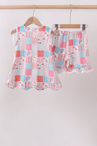 Pink floral patchwork scalloped ruffle shorts set