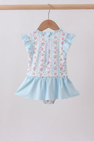 Blue floral ruffle one-piece swimsuit