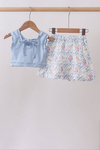 Blue floral bow skorts set