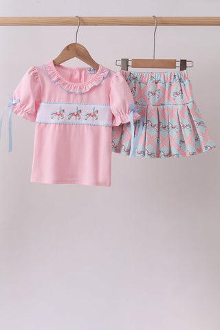 Pink carousel smocked ruffle skorts set