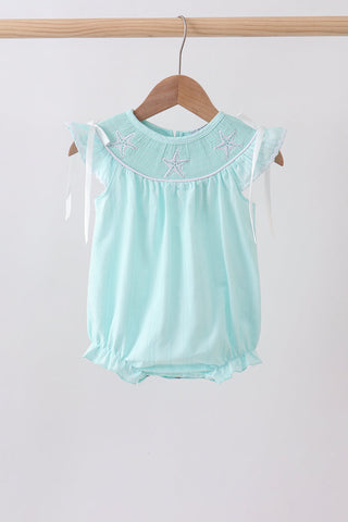 Blue starfish smocked jacquard ruffle bubble