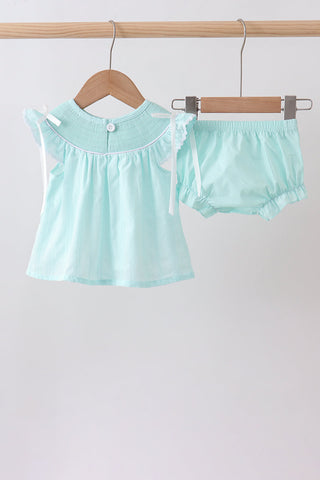Blue starfish smocked jacquard ruffle bloomer set