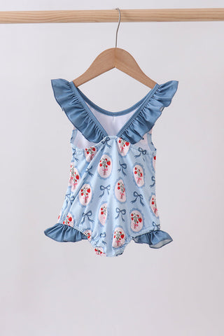 Blue strawberry bow ruffle one-piece swimsuit