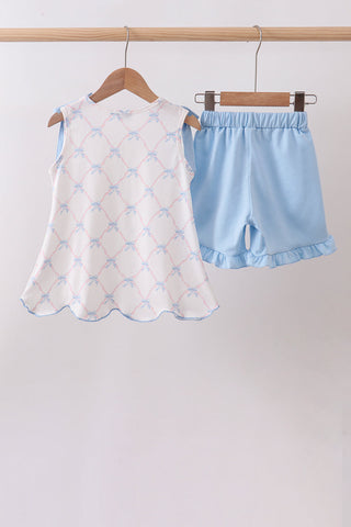 Blue bow ribbon print ruffle shorts set