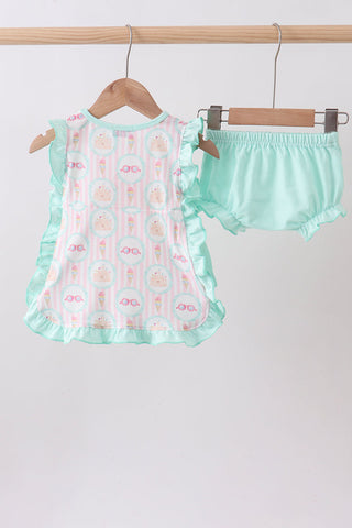 Green castle ice cream print ruffle bloomer set